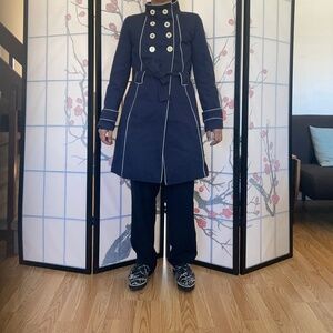Merona Navy Blue Double Breasted Trench Coat with Piping an White Buttons